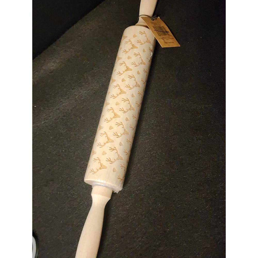 Creative Co-Op 15in Carved Wood Rolling Pin Deer Antler Pattern XS1346A NEW